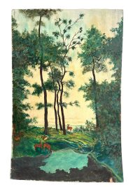 Vintage French River Stream Sheep Painting Oil Acrylic Normandy Brittany On Wood Board c1960-70's