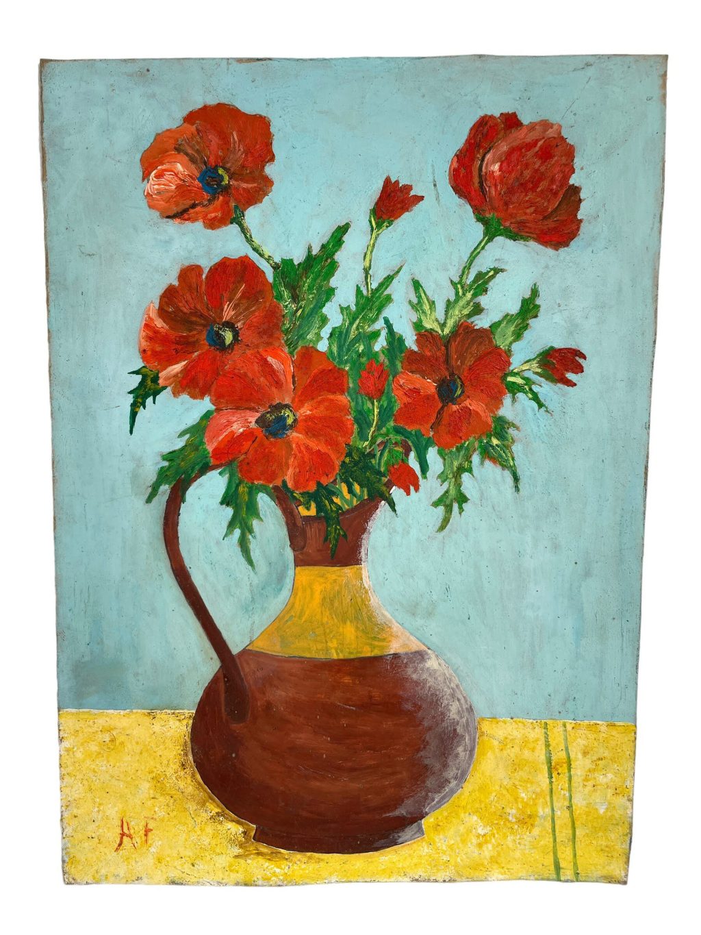 Vintage French Still Life Red Poppies In Jug On Board Painting Acrylic c1970's