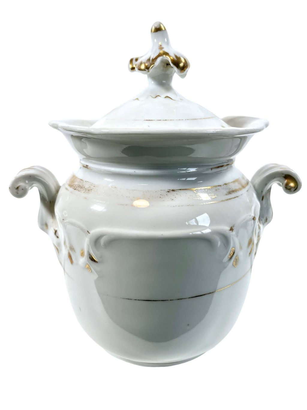 Antique French White Gold Hand Painted Porcelain Sugar Lidded Pot Ceramic Container With Lid circa 1910-20’s