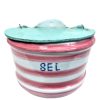 Vintage French Ceramic Wooden Pink White Wall Hanging Or Standing Salt Box Salter Storage Pot Bowl Rustic Rural circa 1940-50's