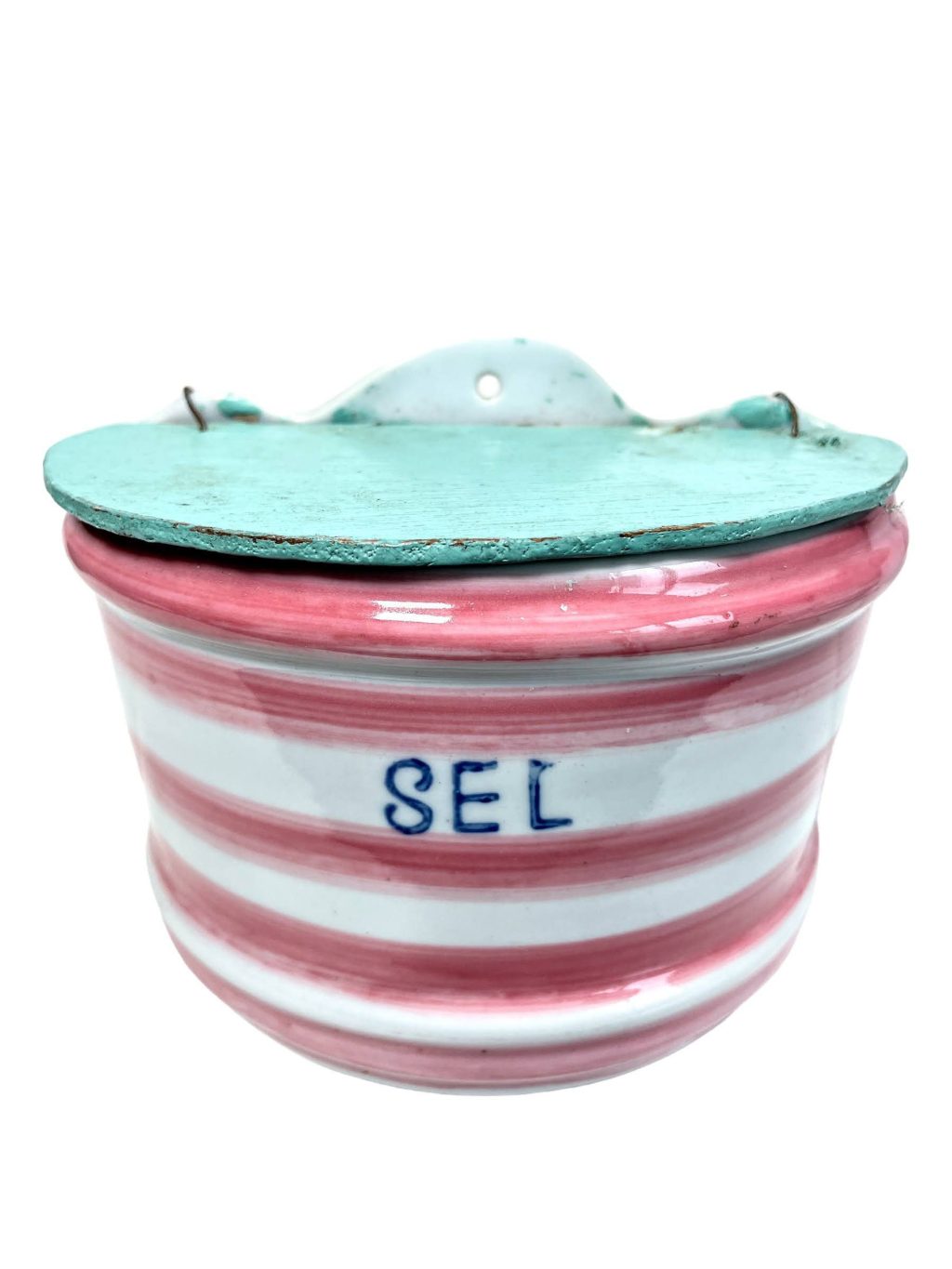 Vintage French Ceramic Wooden Pink White Wall Hanging Or Standing Salt Box Salter Storage Pot Bowl Rustic Rural circa 1940-50’s