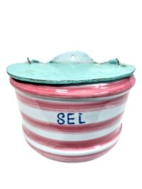 Vintage French Ceramic Wooden Pink White Wall Hanging Or Standing Salt Box Salter Storage Pot Bowl Rustic Rural circa 1940-50's