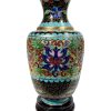 Vintage Chinese Blue Gold Cloisenee Cloisonnee Vase On Wooden Stand enamelled pot urn display decorative c1980-90's