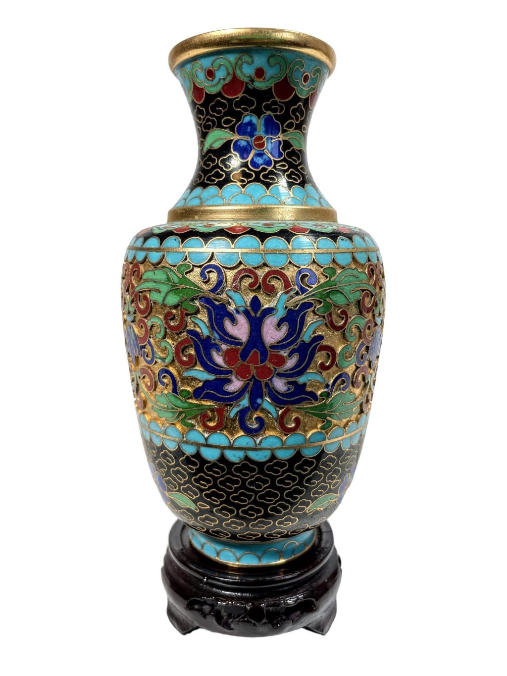 Vintage Chinese Blue Gold Cloisenee Cloisonnee Vase On Wooden Stand enamelled pot urn display decorative c1980-90’s