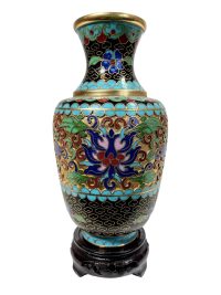 Vintage Chinese Blue Gold Cloisenee Cloisonnee Vase On Wooden Stand enamelled pot urn display decorative c1980-90's