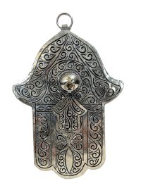 Vintage Moroccan Wall Hanging Hand Of Fatima Silver Metal With Gold Wooden Frame Hand Made Decorative Ornament c1980-90’s