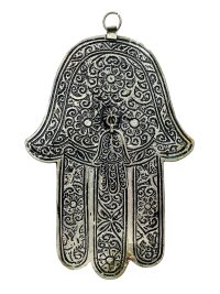 Vintage Moroccan Wall Hanging Hand Of Fatima Silver Metal With Leather Backing Hand Made Decorative Ornament c1980-90's