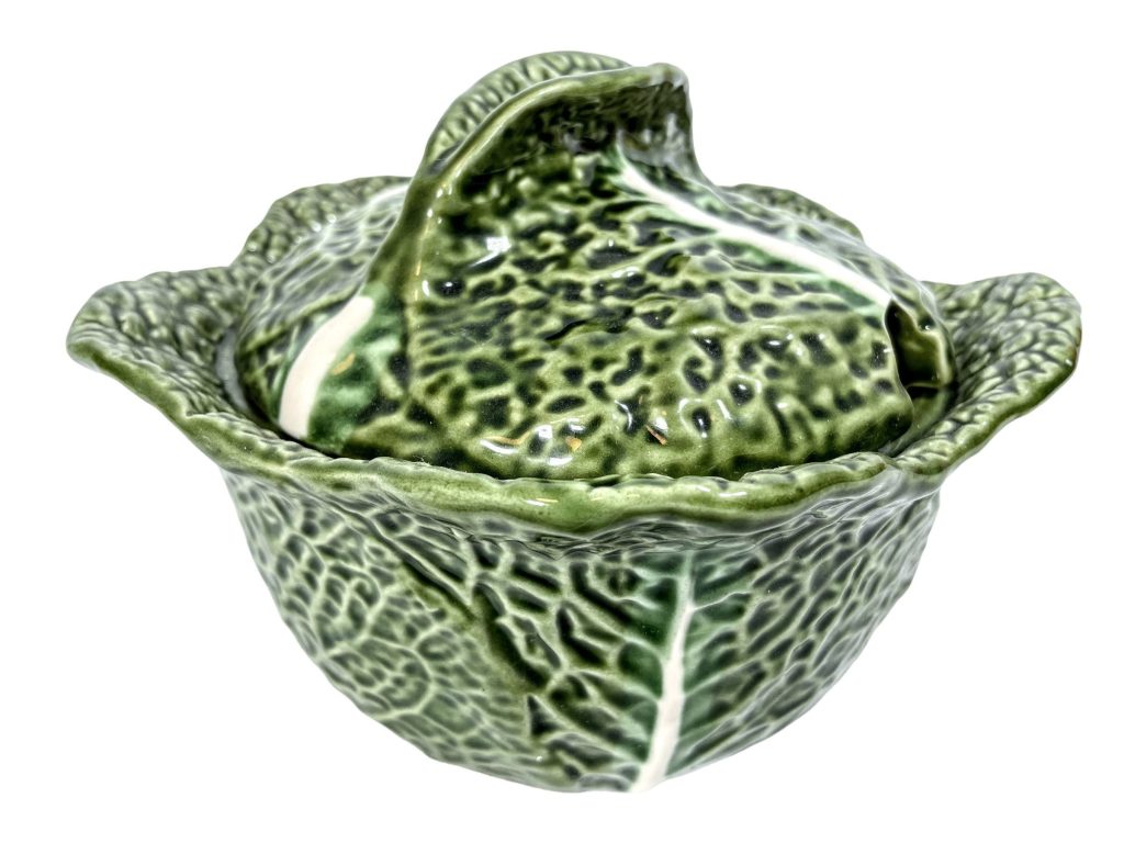 Vintage French Green Ceramic Cabbage Majolica Tureen With Hole For Ladle Spoon Soup Serving Lidded Bowl Dish Display c1950-60's