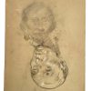Vintage French Pencil Drawing Sketch Study Crocky Portrait On Paper Life Model Man Head Art c1950-60's