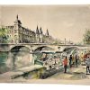 Vintage French Watercolour Painting Paris Conciergerie Street Market Bridge Art River Seine Wall Decor Signed G. Lelong c1940-50's
