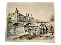 Vintage French Watercolour Painting Paris Conciergerie Street Market Bridge Art River Seine Wall Decor Signed G. Lelong c1940-50's
