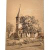 Vintage French Pencil Drawing Rural Rustic Architecture Church Chapel Buildings Study Art Wall Decor c1950-60's
