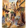 Vintage Moroccan Street Scene Houses Buildings Small Watercolour Painting Wall Decor circa 1980's