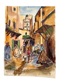 Vintage Moroccan Street Scene Houses Buildings Small Watercolour Painting Wall Decor circa 1980’s