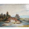 Vintage French Farm House By The River Painting Oil Acrylic Trees Countryside On Wood Board Nieve c1960-70's