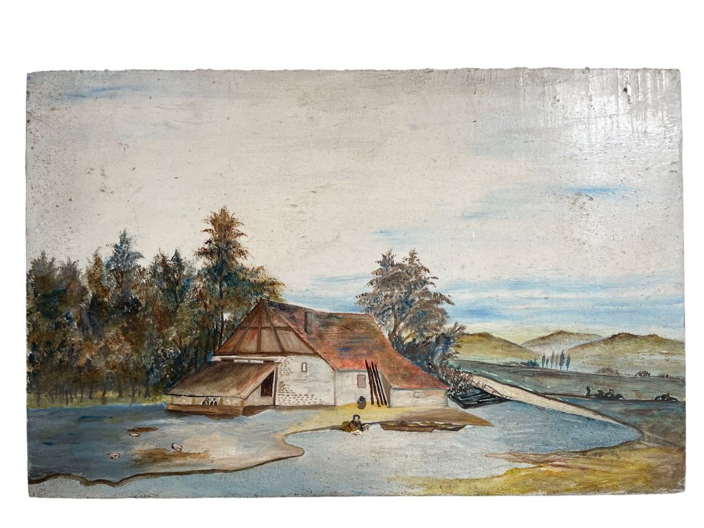 Vintage French Farm House By The River Painting Oil Acrylic Trees Countryside On Wood Board Nieve c1960-70's