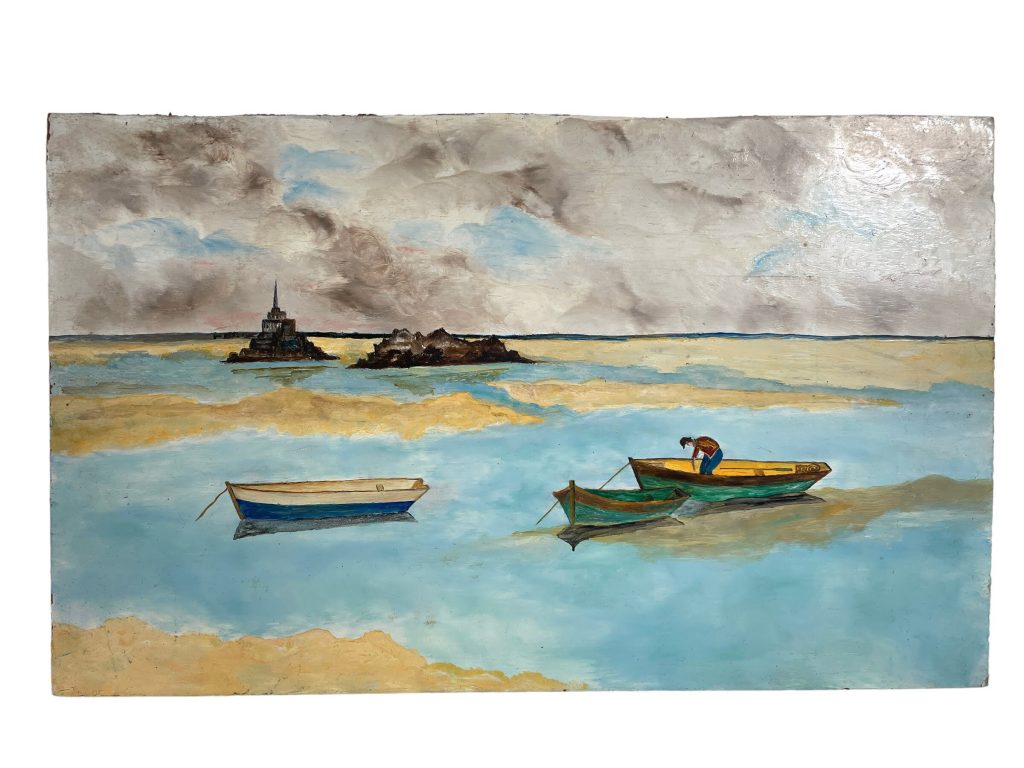Vintage French Fishing Mont St Michel Tidal Plains Painting Oil Acrylic Seaside Fisherman On Wood Board c1960-70’s