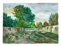 Vintage French River Stream Sheep Painting Oil Acrylic Normandy Brittany On Wood Board c1960-70's