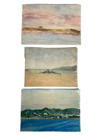 Vintage French Collection Of Three Small Seascapes Painting Oil Watercolour Normandy Brittany On Paper Canvas c1960-70’s