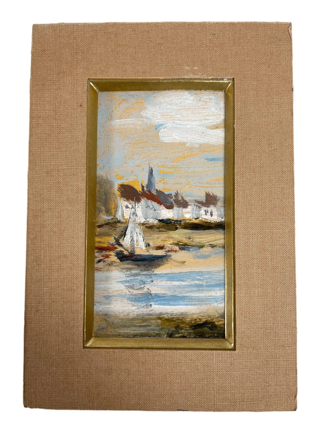 Vintage French Small Tiny Framed Sailing Boat Seascape Painting Oil Normandy Brittany On Card c1960-70’s