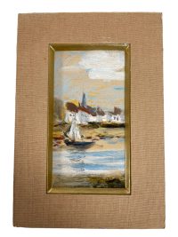 Vintage French Small Tiny Framed Sailing Boat Seascape Painting Oil Normandy Brittany On Card c1960-70's