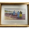 Vintage French Small Tiny Framed Fishermen Seascape Painting Watercolour Normandy Brittany c1993