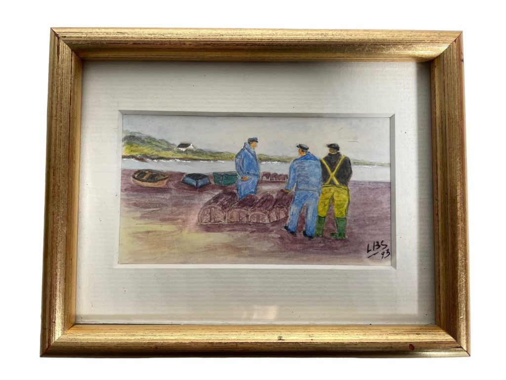 Vintage French Small Tiny Framed Fishermen Seascape Painting Watercolour Normandy Brittany c1993