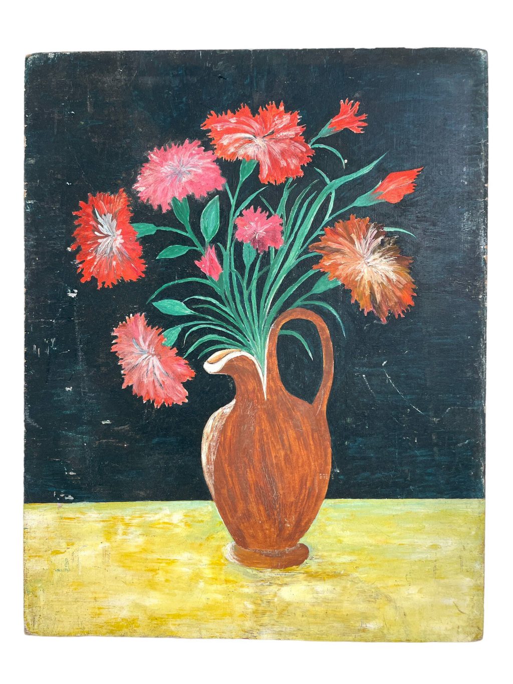 Vintage French Still Life Red Flowers In Jug On Wood Board Painting Acrylic c1970’s