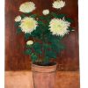 Vintage French Still Life White Flowers In Flower Pot On Wood Board Painting Acrylic c1970's