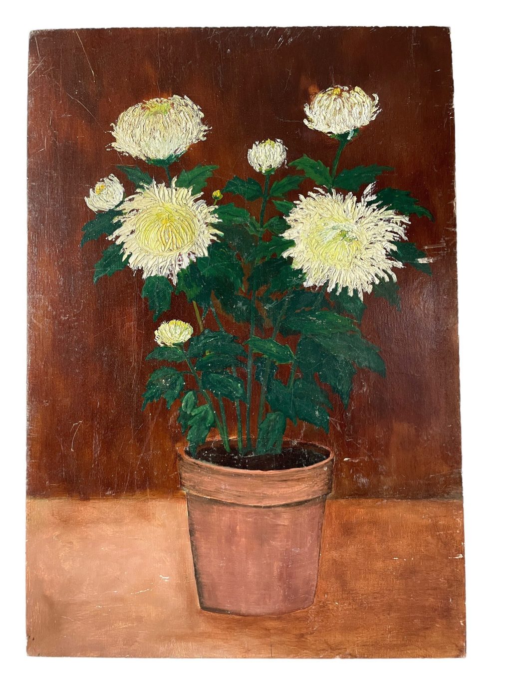 Vintage French Still Life White Flowers In Flower Pot On Wood Board Painting Acrylic c1970’s