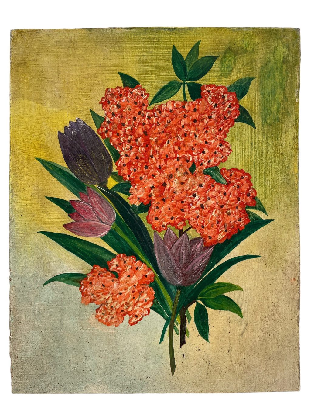 Vintage French Still Life Red Purple Flowers On Wood Board Painting Acrylic c1960-70's