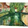Vintage French Turenis Town Canal Large Oil Painting On Canvas Signed Damaged circa 1967