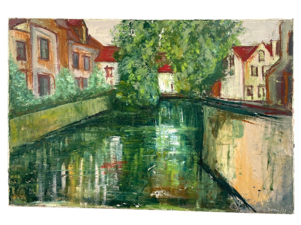 Vintage French Turenis Town Canal Large Oil Painting On Canvas Signed Damaged circa 1967