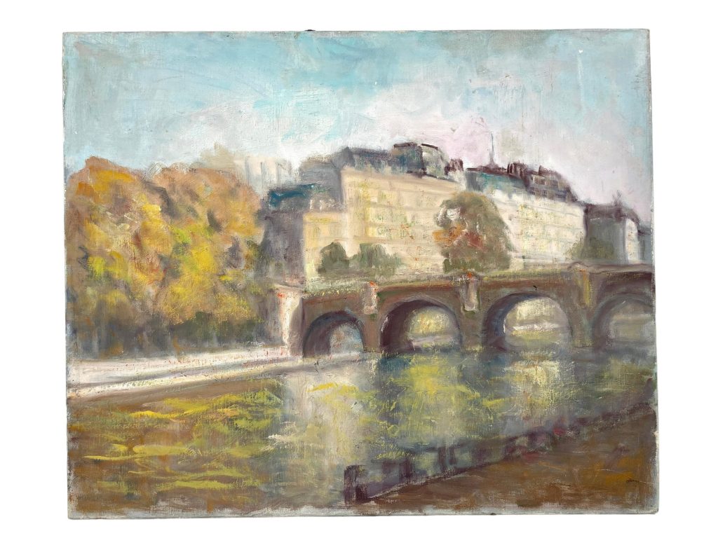 Vintage French Paris Seine Bridge Acrylic Painting On Stretched Unframed Canvas circa 1960-70’s