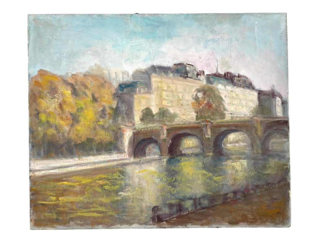 Vintage French Paris Seine Bridge Acrylic Painting On Stretched Unframed Canvas circa 1960-70's