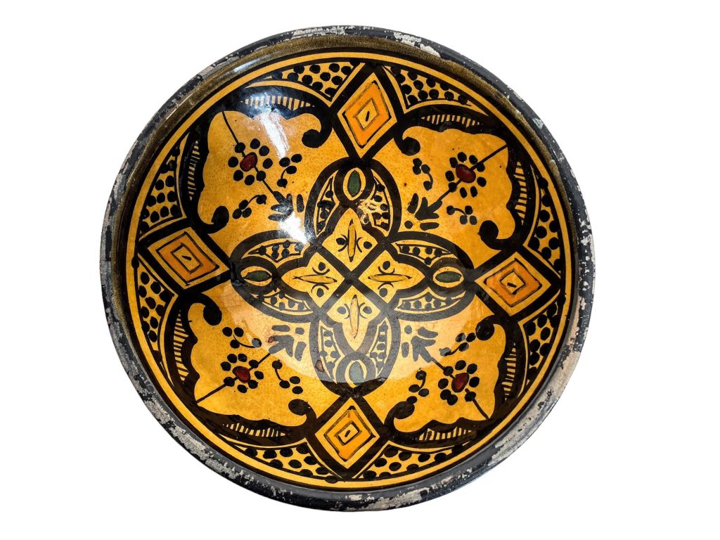 Vintage Moroccan Safi Medium Brown Yellow Black Well Worn Terracotta Pottery Dish Plate Bowl Storage Arabian Prop Display c1970-80’s