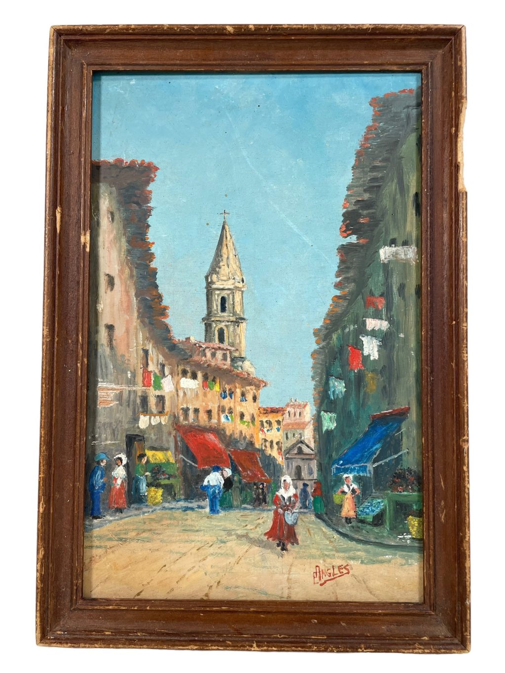 Vintage French Marseilles E Angles Double Sided Abstract House Street Flags Acrylic Painting On Hardboard Wall Decor c1950-60's