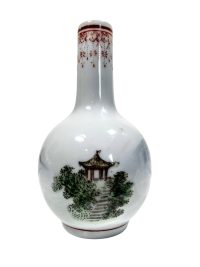 Vintage Chinese Small Tiny White Flower Bud Stem Vase Decorated With Pagoda circa 1940-50's