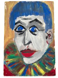 Vintage French "Clown & Brown" Acrylic Painting On Paper Wall Decor Decoration Portrait Man c1970-80's