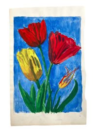 Vintage French “Blue Reach” Flowers Tulips Acrylic Painting On Paper Wall Decor Decoration Portrait Man c1970-80’s