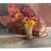 Vintage French "Brown Balance" Flowers Books Acrylic Painting On Card Wall Decor Decoration c1930-50's