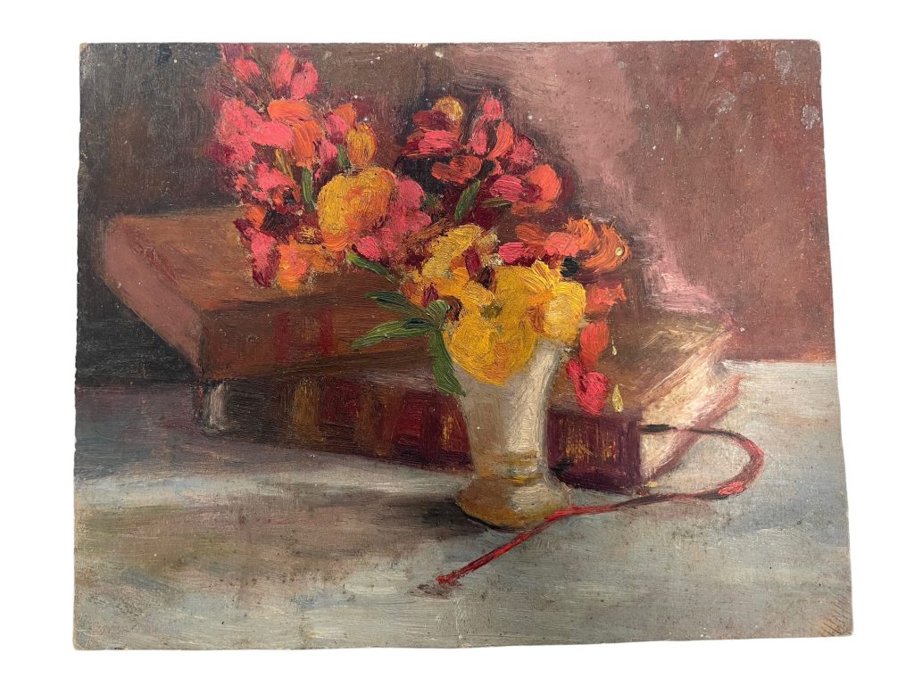 Vintage French “Brown Balance” Flowers Books Acrylic Painting On Card Wall Decor Decoration c1930-50’s