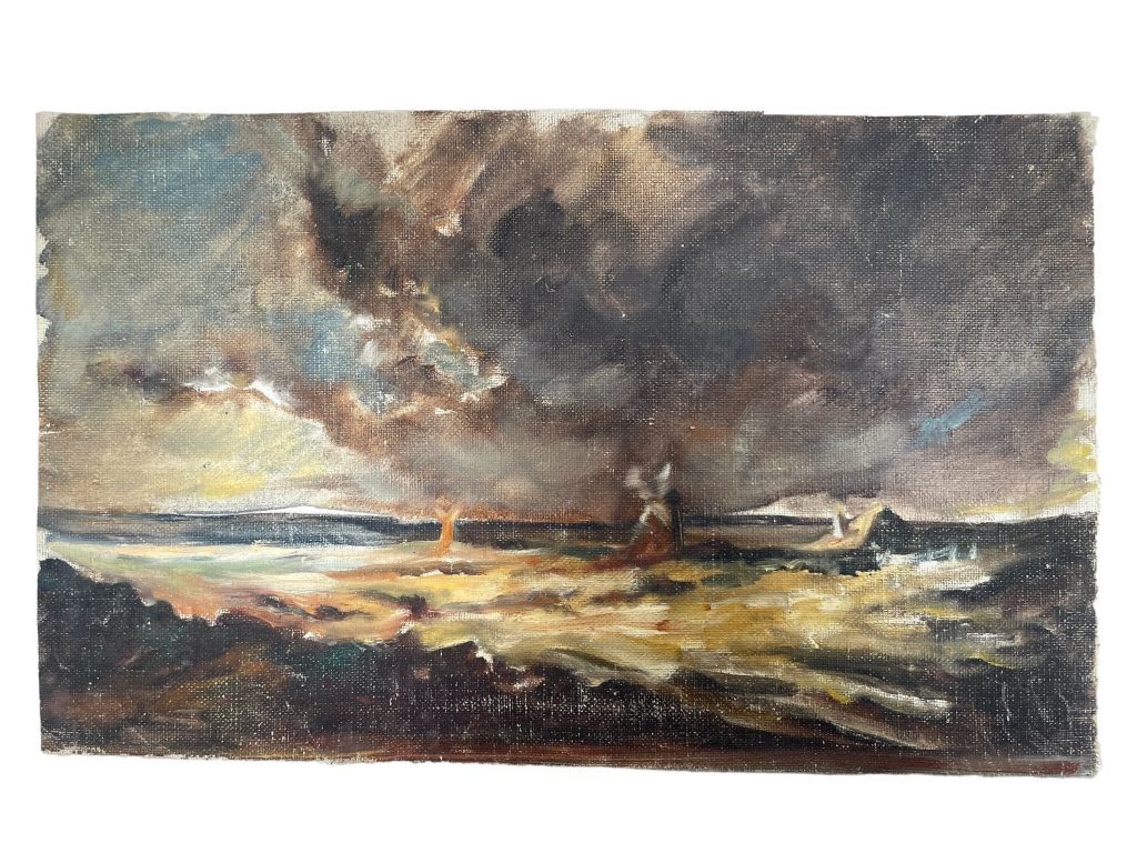 Vintage French “Storm Pending” Windmill Stormy Sky Countryside Acrylic Painting On Canvas Wall Decor Decoration c1950-60’s