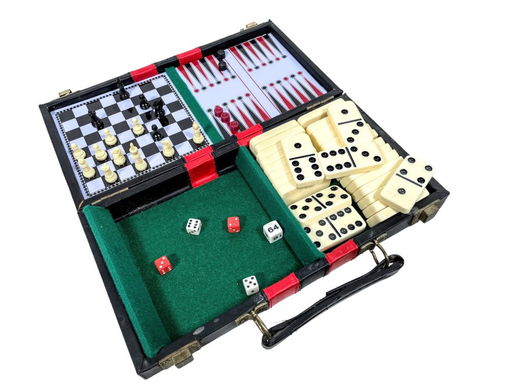 Vintage Taiwanese Cased Travel Chess Checkers Backgammon Dominos Game Board Counters Dice Storage Box Board Games circa 1970-80’s