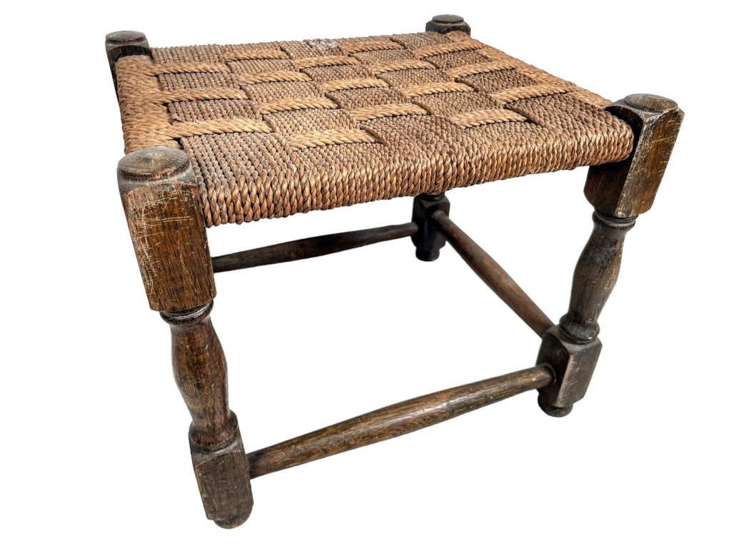 Vintage French Raffia Brown Wood Wooden Woven Strung Footstool Foot Stool Rest Footrest Display Stand circa 1960-70’s