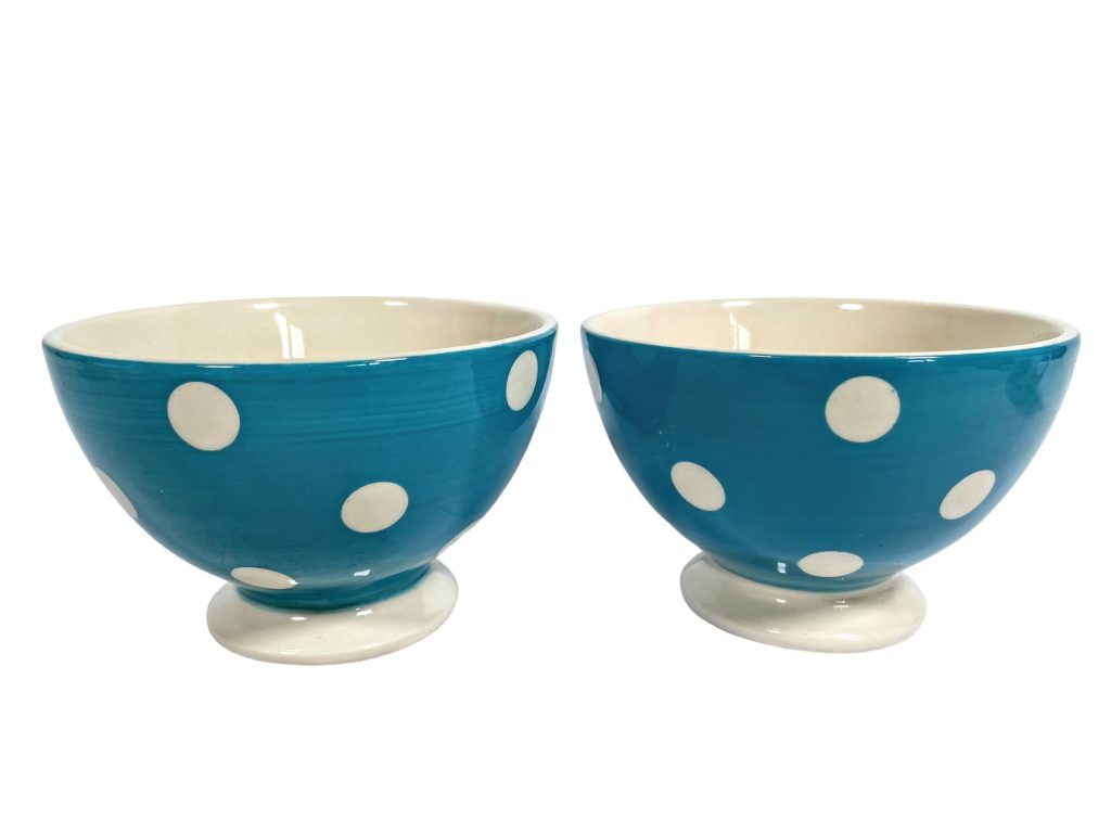 Vintage French Blue White Spot Cafe au Lait Breakfast Coffee Cereal Breakfast Bowls Set of two circa 1970-80’s