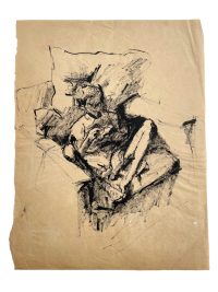 Vintage French Ink On Parchment Drawing Sketch Study Crocky Portrait On Paper Life Model Woman On Armchair Art c1950-60's