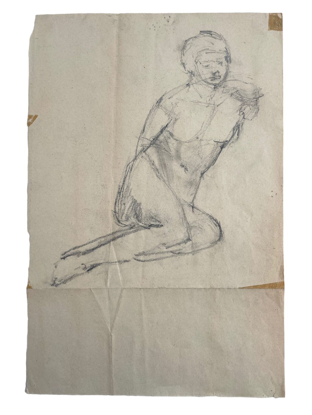 Vintage French Pencil Drawing Sketch Study Crocky Portrait On Paper Life Model Nude Female Double Sided Signed Art c1950-60’s