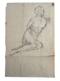 Vintage French Pencil Drawing Sketch Study Crocky Portrait On Paper Life Model Nude Female Double Sided Signed Art c1950-60's