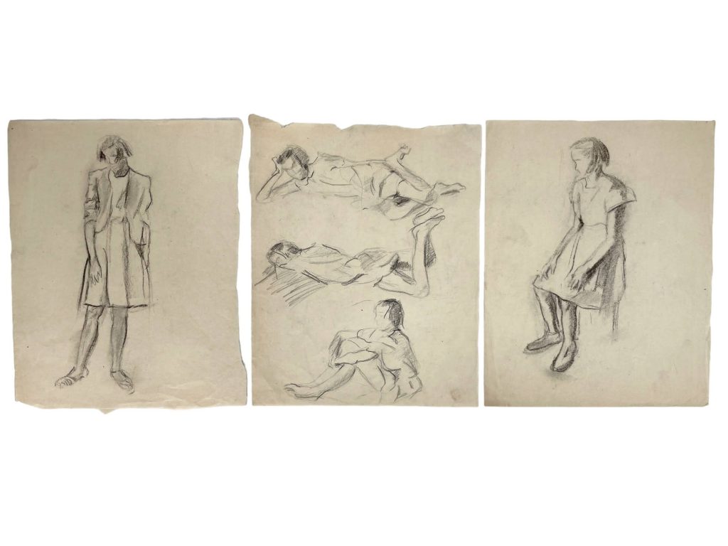 Vintage French Set Of Three Sketches Drawing Sketch Study Crocky Portrait On Paper Life Model Young Female Art c1960-70’s